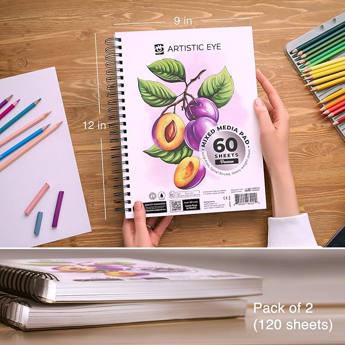 ARTISTIC EYE 9x12 Premium Mixed Media Sketchbooks: Pack of 2, 160 GSM, Spiral - Image 2