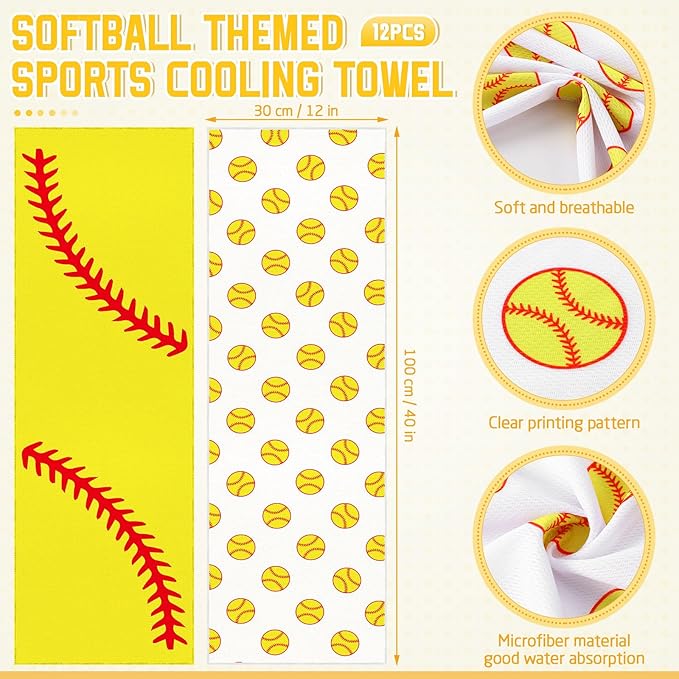 12 count Sports Cooling Towels Baseball Basketball Softball 40 x 12 Inch Breathable Soccer Football Volleyball Microfiber Ice Towel Fast Drying for Sport Party Favors Team Gift(Yellow,Softball)