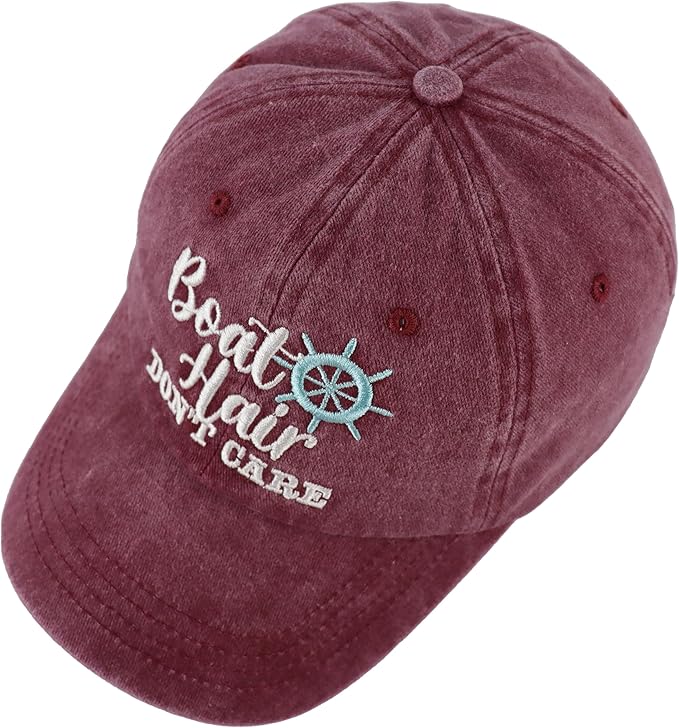 Boat Hair Don't Care Hats for Men Women, Adjustable Embroidered Cotton Washed Distressed Denim Fishing Baseball Cap