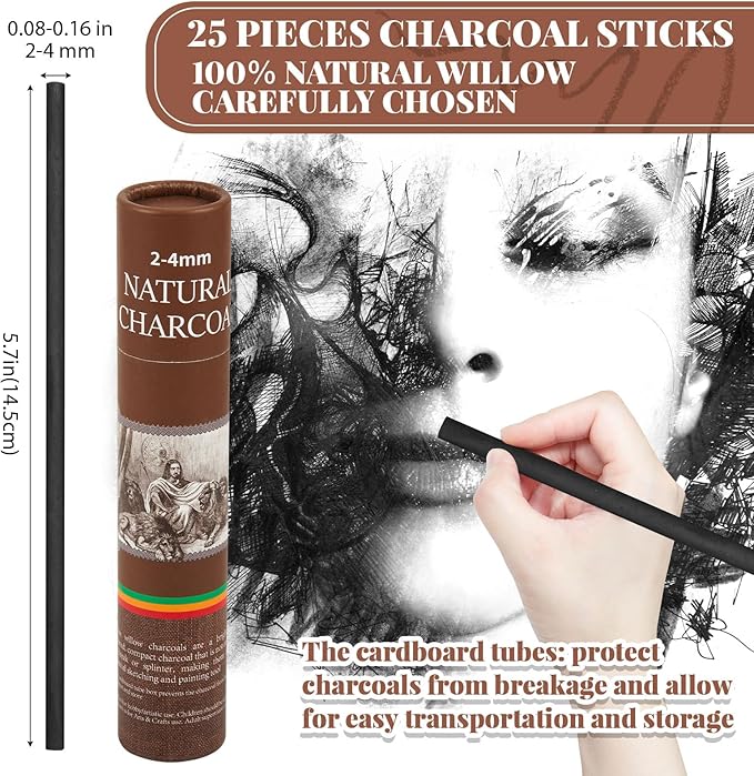 Gueevin 25 Pcs Willow Charcoal Sticks, Willow Charcoal, and Fine Art Christmas - Image 2