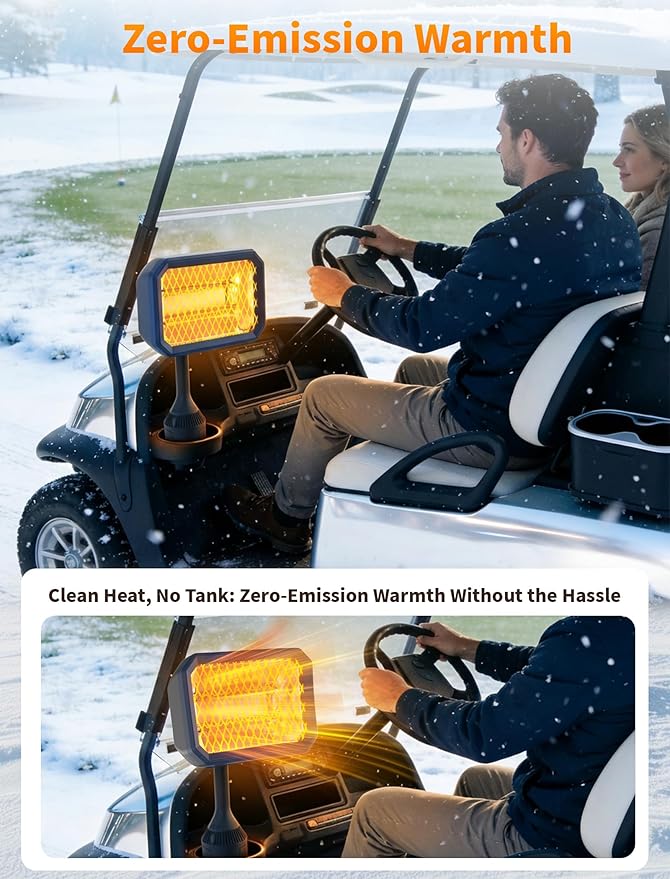 Electric Golf Cart Heater with Mid-Cable Quick-Disconnect, 400W Safe & Fast Silent Carbon Fiber Heating, Heater with 360° Rotatable Head, Compatible with Club Car/Yamaha/EZGO, Golf Cart Accessories