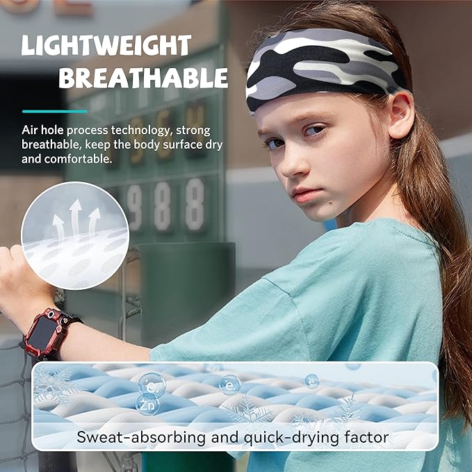 ChezMax 6 PCS Sweatbands for Kids, Soccer Headbands Boys Sports Kids Sweatbands, Breathable Sweat Wicking Headband, Baseball Youth, Black, White, Gray, Blue, Red and Camouflage,(FD01-Kids)