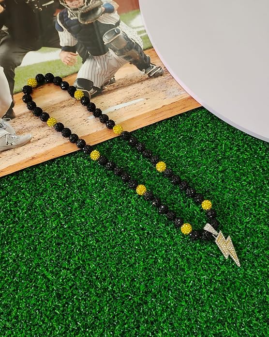 Baseball Necklace for Men 16/18/20 Inch Bling Ice Collection Lightning Bolt Pendant Necklace for Women Rhinestone Clay Beaded Discoball Accessories Gifts for Baseball Team Players Lovers