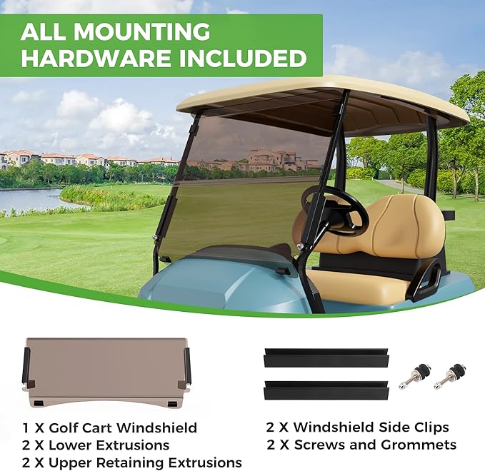 10L0L Golf Cart Windshield for Club Car Precedent 2004-Up, Tempo, 2017-Up Onward, One-Piece Hinge Design, Clear/Tinted Anti-UV Impact Resistant,HD View, 37.5" W X 33.6" H