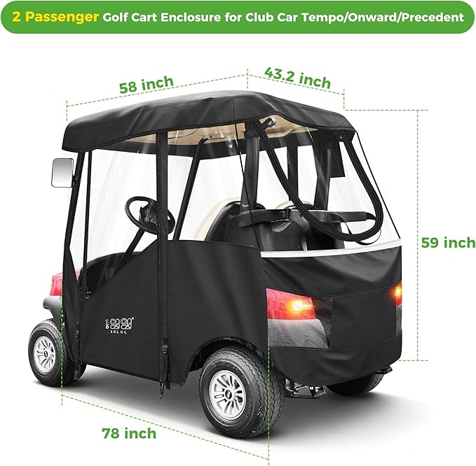 10L0L 2/4/8 Passenger Golf Cart Enclosure for Club Car Precedent/Tempo/Onward, 600D Waterproof Golf Cart Rain Cover, Driving Enclosure with 4-Sided Clear Windows Roll-up Door Black -Roof 58"-141"