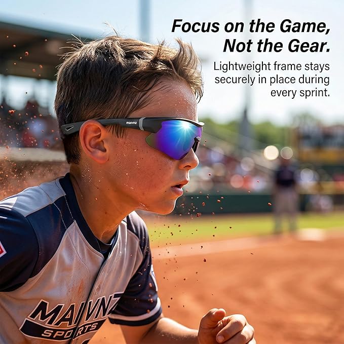 maivnz Youth Baseball Sunglasses for Boys and Girls Ages 6-12, Kids Sports Glasses for Softball Cycling, Helmet Compatible