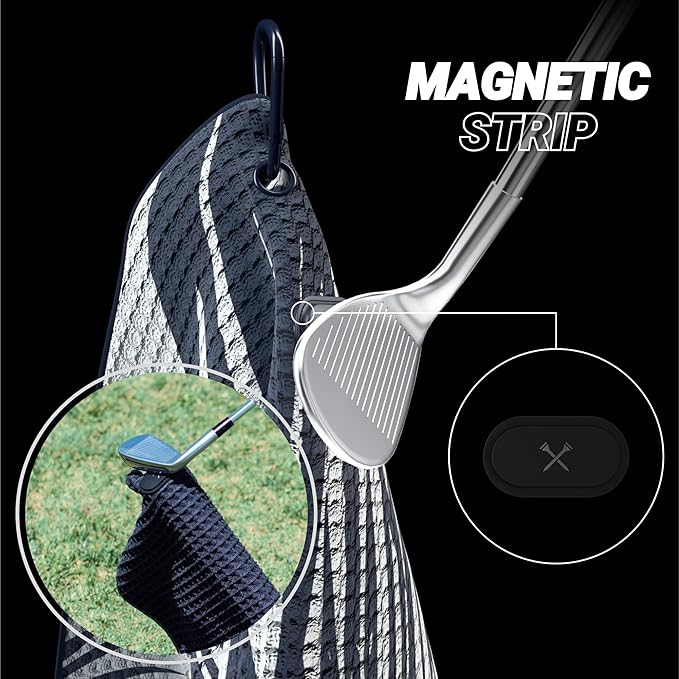 Blue Tees Golf Premium Magnetic Towel - Super Strong Magnet - Microfiber Waffle Design - Silicone Brush - Groove Cleaner - Bag Buckle - Standard & Caddy Sizes
