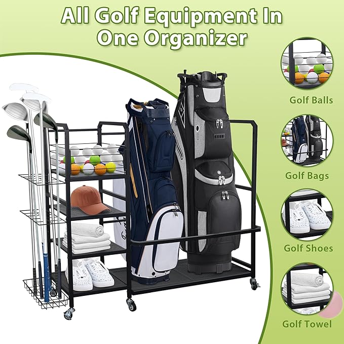 Golf Bag Storage Rack with Wheels, Golf Bag Organizer Fits 2 Bags and Store golf clubs, balls, shoes, and golf equipment accessories, Sturdy Golf Storage Rack for Home Garage Club Basement, Black