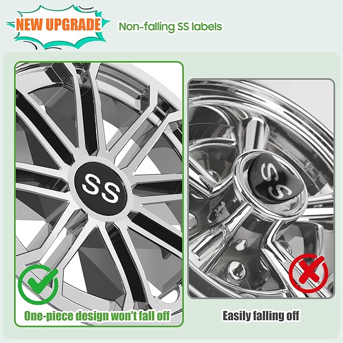 10L0L Golf Cart SS Wheel Covers Hub Caps for EZGO, Club Car, Yamaha - 8 Inch Snap-on Installation, New Chrome, Set of 4