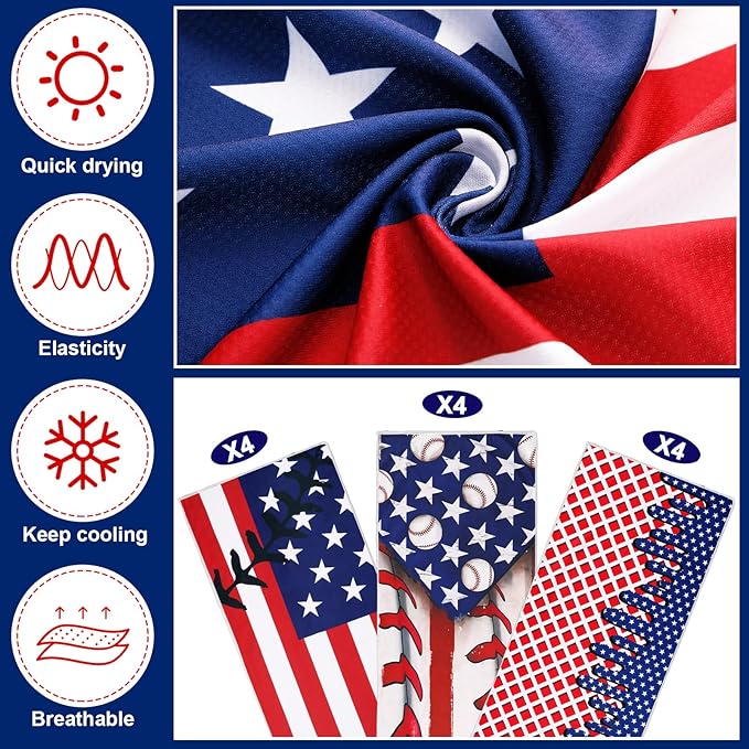 Breling 12 Pcs American Flag Cooling Towels 40"x12" Ice Cooling Towels Microfiber Sweat Rags Absorbent Washcloth Sport Team Gifts for America Semi Quincentennial Gym Coach Gift Sport Party Favors