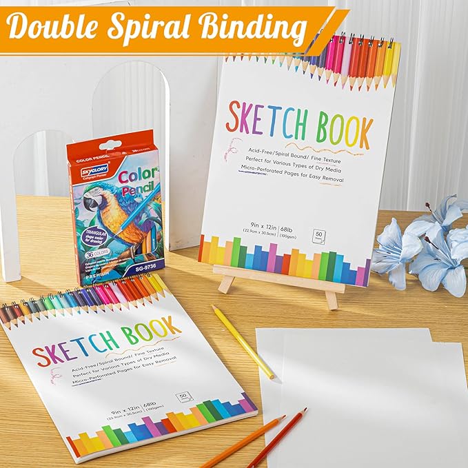 2 Pack Sketch Book with 36 Color Pencil Set, Spiral Kids Sketchbook - Image 8