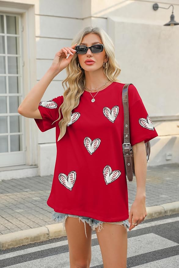 MOUSYA Baseball Shirts Women Oversized Baseball Mom Tshirt Baseball Heart Graphic Tee