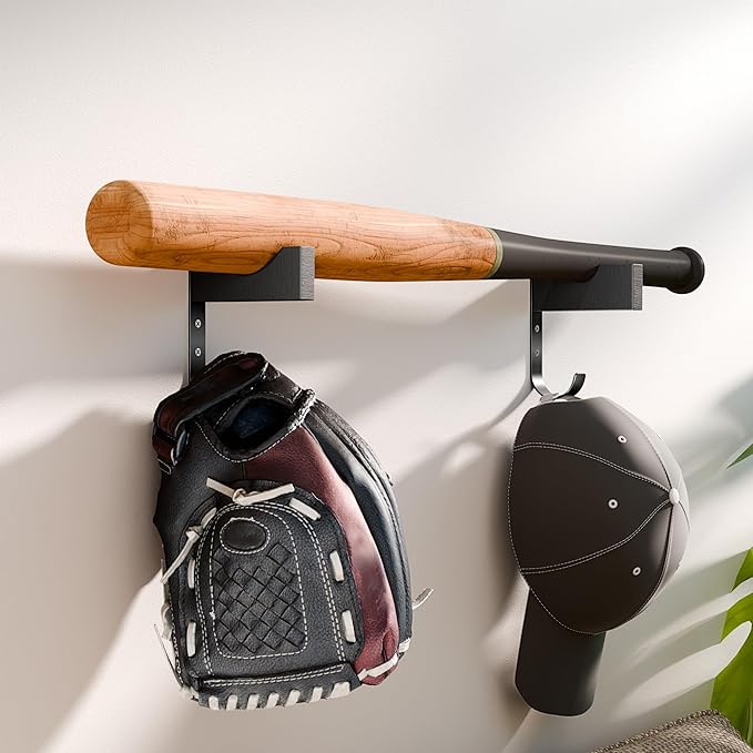 Baseball Bat & Cap Holder Wall Mount:Black Wood&Iron Bat Display Hanger with Hooks for Caps and Gloves,Wall Hanging Hooks for Living Room,Bedroom,Entryway,Garage,Gift for Baseball Fans