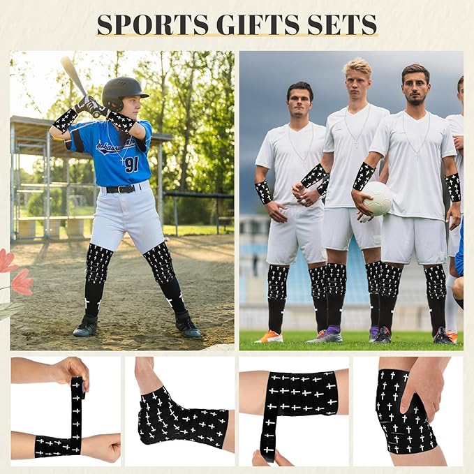 TrelaCo 4 Pack Christian Sports Gift Set with Athletic Tape Sport Socks Cross Necklace Gift Boxes Religious Soccer Socks