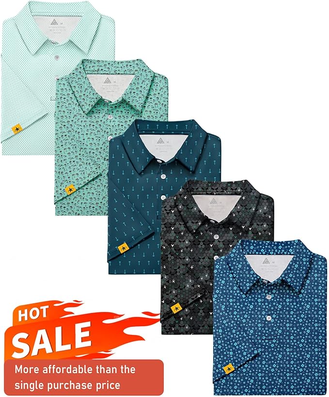 ZITY 5 Pack Mens Golf Shirt Short Sleeve UPF 50+ Moisture Wicking Performance Print Patterns Casual Golf Polo Shirts for Men