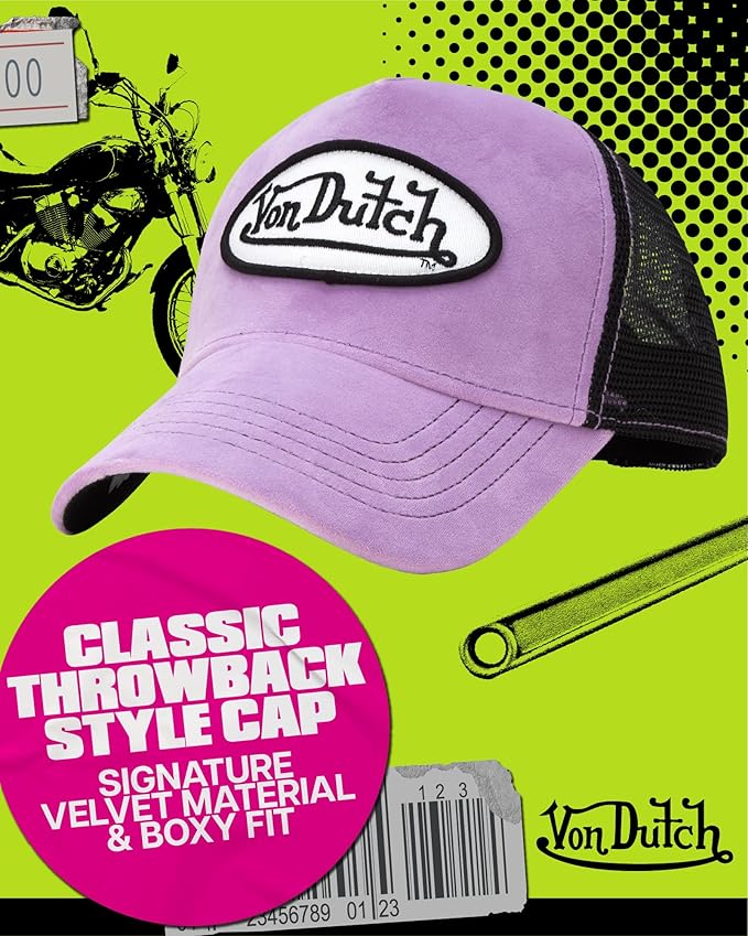 Von Dutch Unisex Trucker Hat - Velvet Curved Bill Mesh Back Retro Classic Adjustable Snapback Baseball Cap for Men and Women