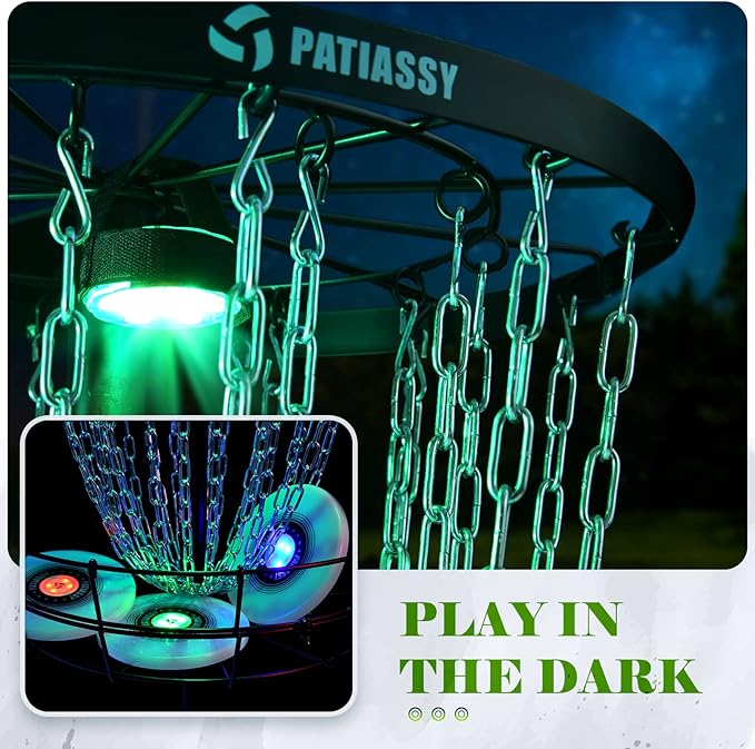 Portable Disc Golf Basket, 24/12 Detachable Chains Disk Golf Target with Sound Reducer for Quiet Practice, Night Practice Set with Remote LED Light, 3 Light Up Discs & 4 Ground Stakes