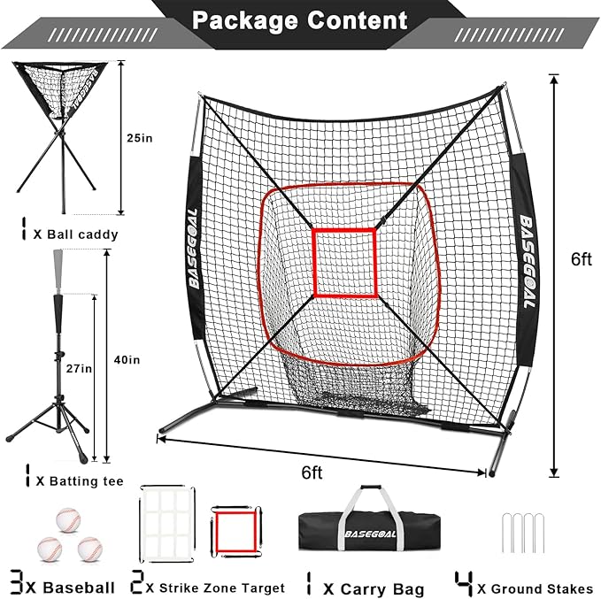 BaseGoal 6'×6' Baseball Softball Practice Net,Baseball Backstop,with Batting Tee,Ball Caddy,for Hitting Pitching Batting Catching with Bow Frame,Bonus Strike Zone,Target,Portable and Foldable