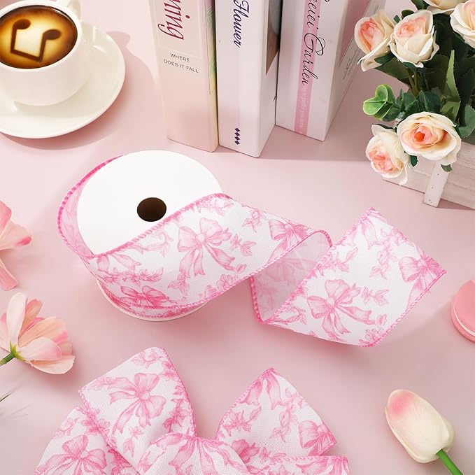 Pink Floral Bow Wired Edge Ribbon Chinoiserie Flower Bowknot Fabric Ribbon - Image 3