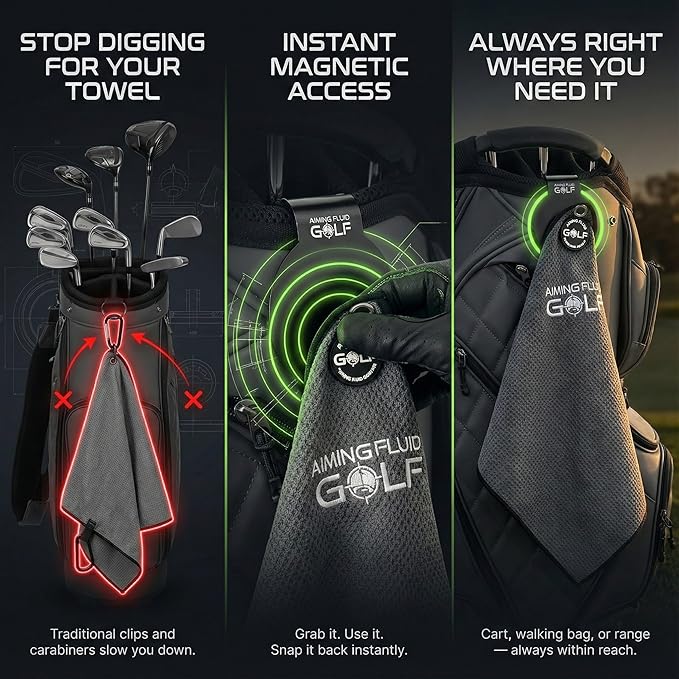 Magnetic Golf Towel & Landing Pad Bundle – Premium Microfiber Waffle Weave | Light-Duty Magnet | 3-Stage Cleaning System (Scrub/Wash/Dry) | Universal Magnetic Docking Pad | 16"×24" Towel – Grey