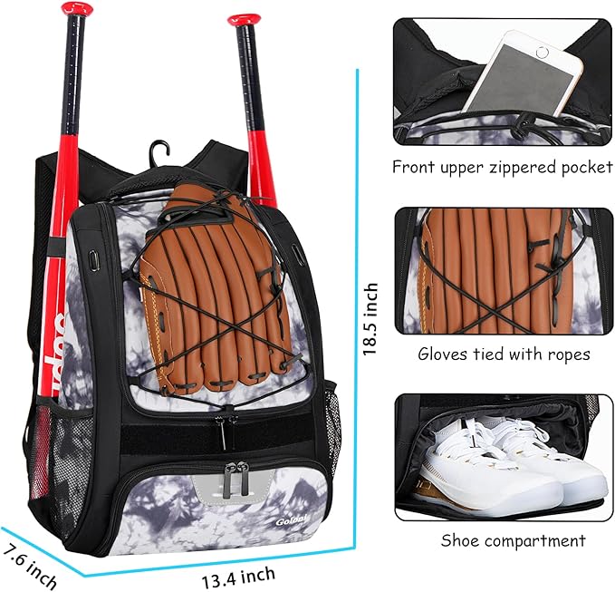 Goloni | Baseball Backpack,Baseball Bag for Adult,Softball Bat Bag with Shoes Compartment,Large Main Compartment for Helmet & accessories, Fence Hook