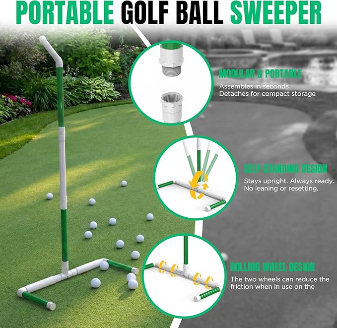 DURARANGE Portable Golf Ball Sweeper – Self-Standing No Bend Design, Modular PVC Ball Collector, Picker Upper Alternative for Golf, Pickleball & Badminton Practice