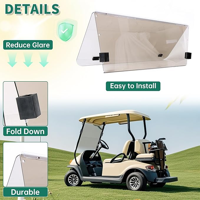 ECOTRIC Tinted Windshield Compatible with 2000.5 to Current Club Car DS Golf Cart Smoke Style Windshield Approximate Dimensions 40"W X 36.5"H Fold Down