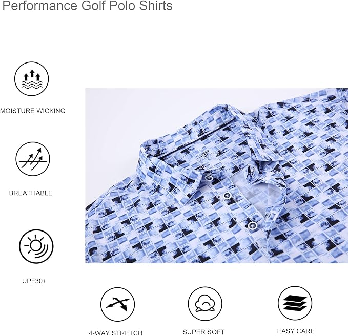 Alex Vando Mens Golf Shirt Moisture Wicking Quick-Dry Print Performance Polo Shirts for Men