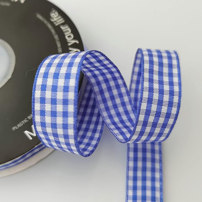 Blue and White Woven Edge Plaid Ribbon 100% Polyester Gingham Ribbon 25 Yards - Image 5