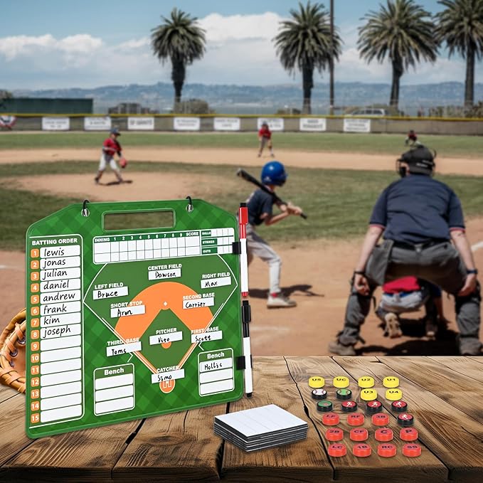 Magnetic Baseball Lineup Board for Dugout with Reinforced Edges - Double-Sided Dry Erase Coaching Clipboard, 30 Lineup Card/ 24 Pawns/2 Marker/2 Hook