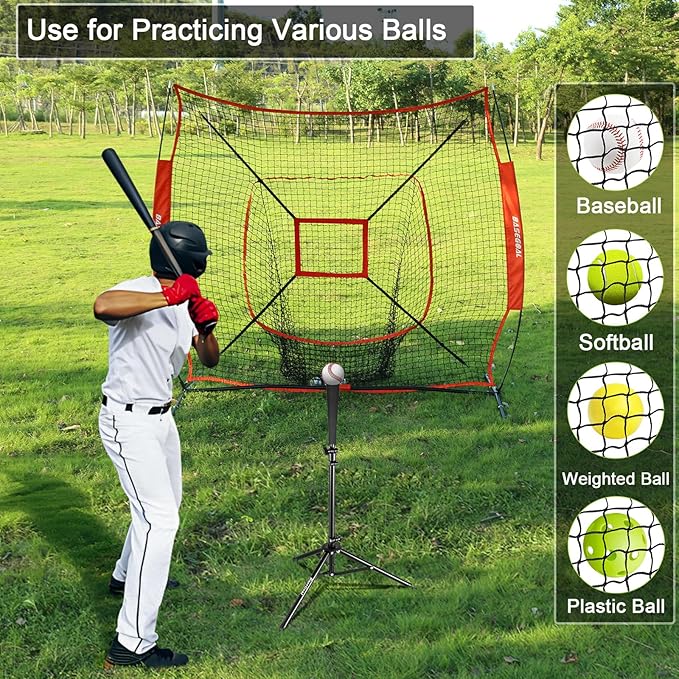 BaseGoal 7'×7' Baseball Softball Practice Net,Baseball Backstop,with Batting Tee,for Hitting Pitching Batting Catching with Bow Frame,Bonus Strike Zone