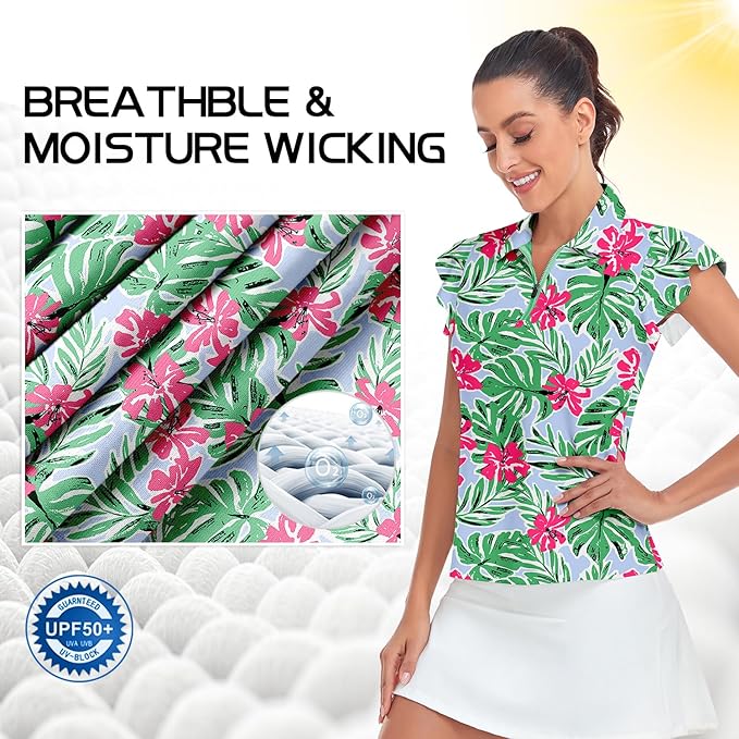 Soneven Womens Petal Sleeve Golf Shirts Moisture Wicking Lady Golf Apparel Print Tennis Sport T Shirt