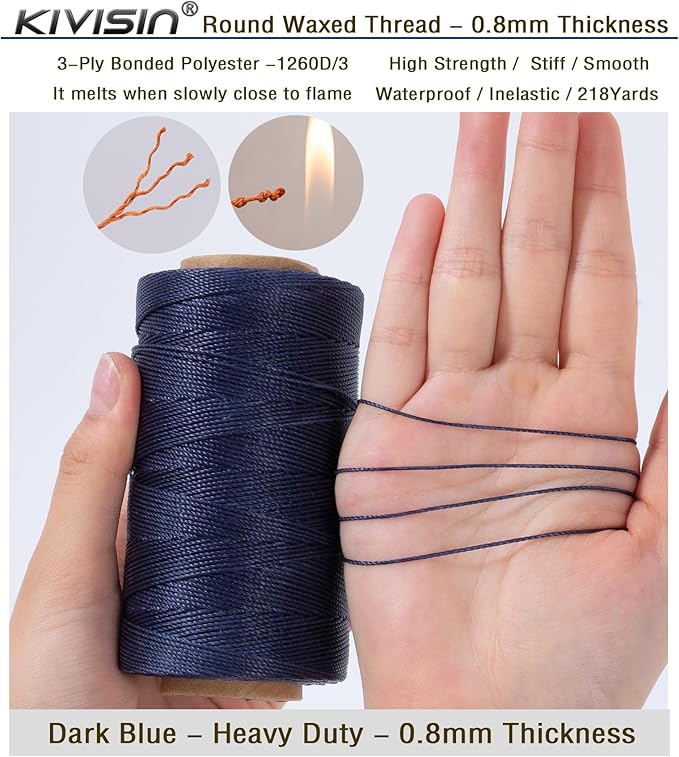 Heavy Duty Round Waxed Thread 0.8mm, 218 Yards, Dark Blue, Bonded Thick - Image 3