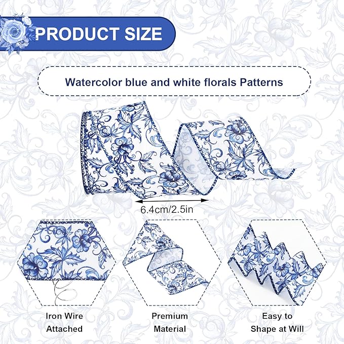 Blue White Floral Wired Edge Ribbon Roll Vintage Watercolor Flower Craft Ribbon - Image 2