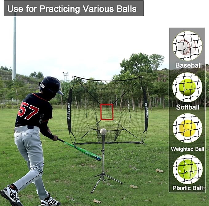 BaseGoal 7'×7' Baseball Softball Practice Net,Baseball Backstop,with Batting Tee,for Hitting Pitching Batting Catching with Bow Frame,Bonus Strike Zone