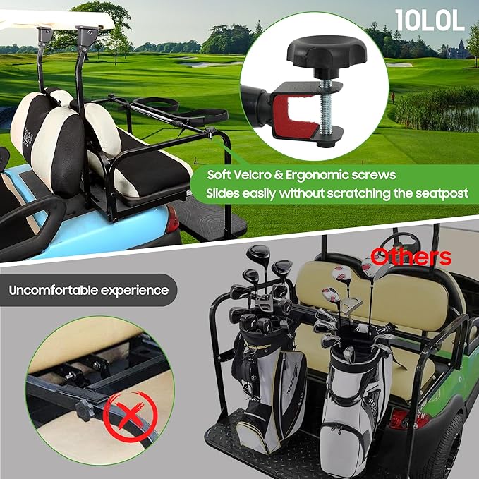 10L0L Upgraded Golf Cart Bag Holder Bracket for Most 2+2 Golf Cart Rear Seat with 1 Inch Square Tube,No Drilling Attachment Adjustable for Yamaha, EZGO and Club Car