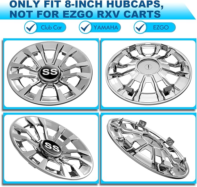 Golf Cart SS Wheel Covers Hub Caps, Golf Cart 8 Inch Snap-on Wheels for Club Car, EZGO, Yamaha, Set of 4