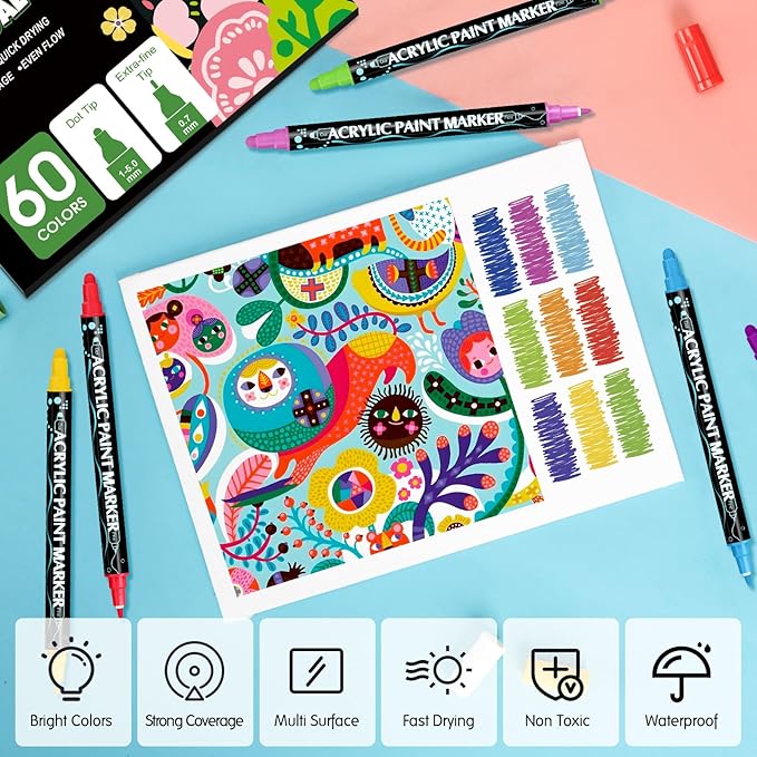 FUMILE 60 Colors Acrylic Paint Marker Dual Tip, Paint Pens Acrylic Markers - Image 4