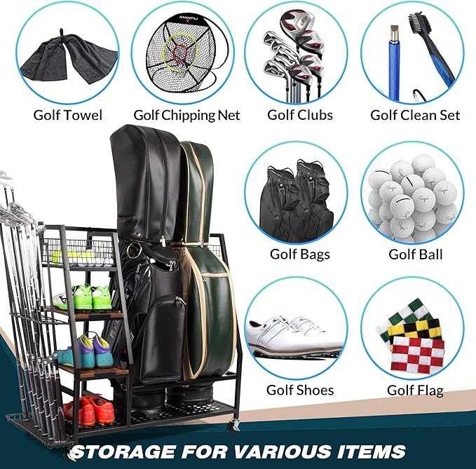 Sttoraboks Golf Bags Storage Garage Organizer, Golf Bag Rack Fits 2/3 Golf Bags and Golf Equipment Accessories, Golf Club Storage Stand with Wooden Shelf and Lockable Wheels for Garage Indoor Basement