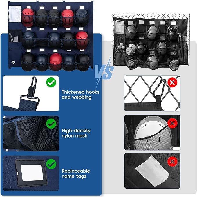 KAVIGOR Baseball/Softball Dugout Organizer - 15+ Helmet & Glove Storage Bag, Military-Grade 900D Fabric & 6 Reinforced Steel Hooks