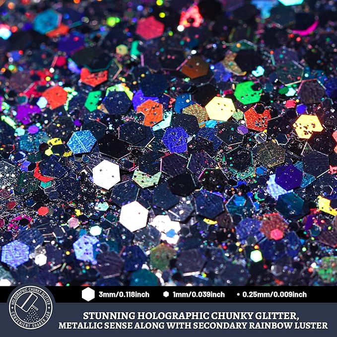 LEOBRO Black Glitter, 160g/5.64oz Holographic Chunky Glitter - Image 3