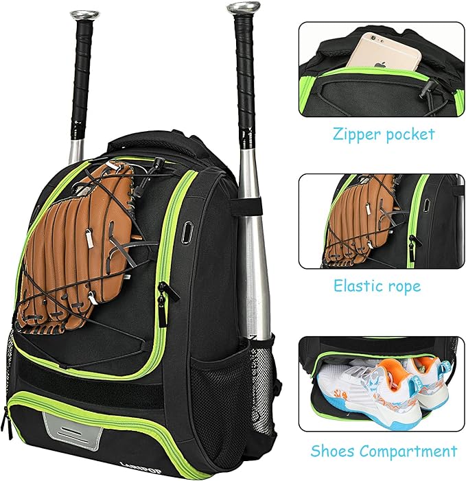 LARIPOP Youth Baseball Bag, Bat Backpack with Fence Hook & Separate Shoe Compartment, Waterproof Equipment Bag for Baseball, T-Ball & Softball
