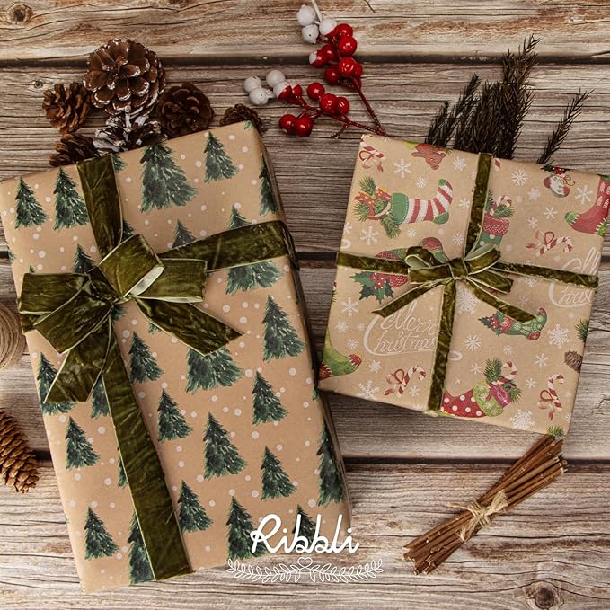 Ribbli Moss Green Velvet Ribbon 1 Inches Luxury Crinkled Green Christmas Ribbon - Image 2