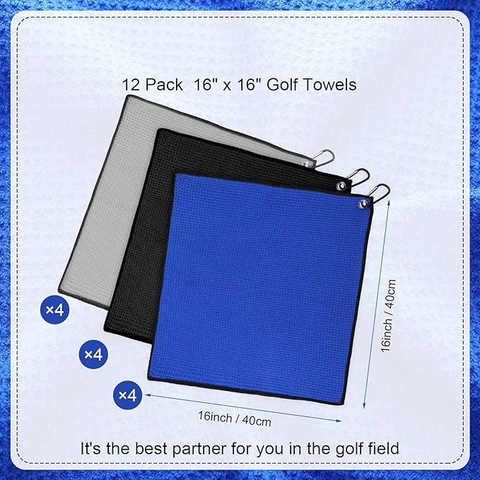 Batiyeer Golf Towel Bulk for Golf Bags 16'' x 16'' Microfiber Fabric Towel with Clip Waffle Pattern, Fitness, Camping, Hiking, Yoga