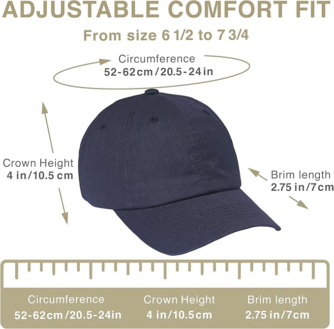 Classic Dad Hat Cotton, Low-Profile Plain Baseball Cap, Adjustable, Breathable and Packable