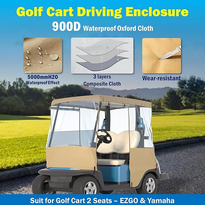 Golf Cart Cover, For 2 Seater, Driving Use, 4 Sides Rolled Up, Waterproof, Windproof, Dustproof, 600D Waterproof Oxford Cloth, Super Transparent EVA, For Club Car Precedent/Tempo/ Onward, EZGO