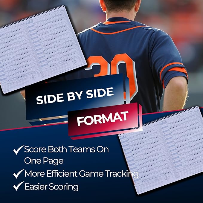 Covey Sports Premium Baseball Scorebook with 50-Game Capacity - Side-by-Side Format for Tracking Both Teams on One Page - Softball Score Keeping Book with Pitch Count Tracker