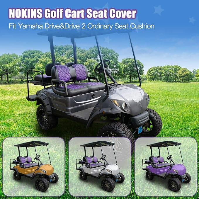 NOKINS Golf Cart Diamond Seat Covers Kit, Fit for Yamaha Drive/Drive 2 OEM Standard Front Seat Cushion, Golf Cart Vinyl Seat Cover, No Nails Required (Purple and Black)