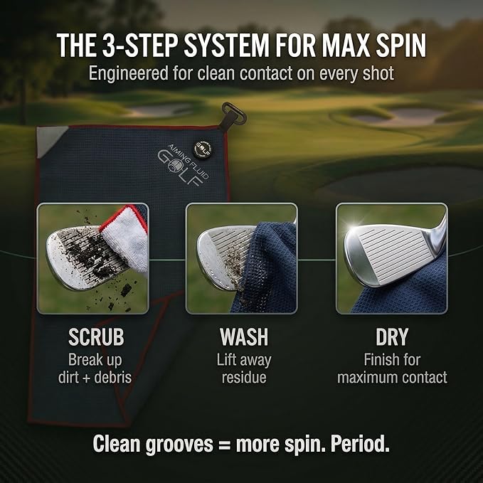 Magnetic 3-Stage Cleaning System Golf Towel - Microfiber Rag with Magnet for Golfcart Bags for Men and Women Golfers Accessories (Black, 16" x 24" Stubby)