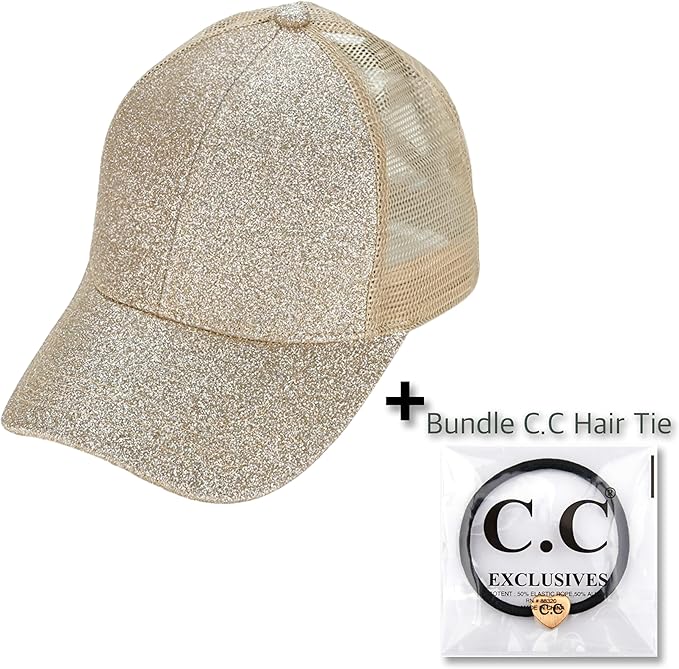 C.C Ponycap Messy High Bun Ponytail Adjustable Glitter Mesh Trucker Baseball Cap